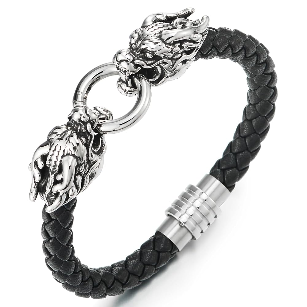 Amazon.com: Dragon Leather Bracelet, Mens Steel Braided